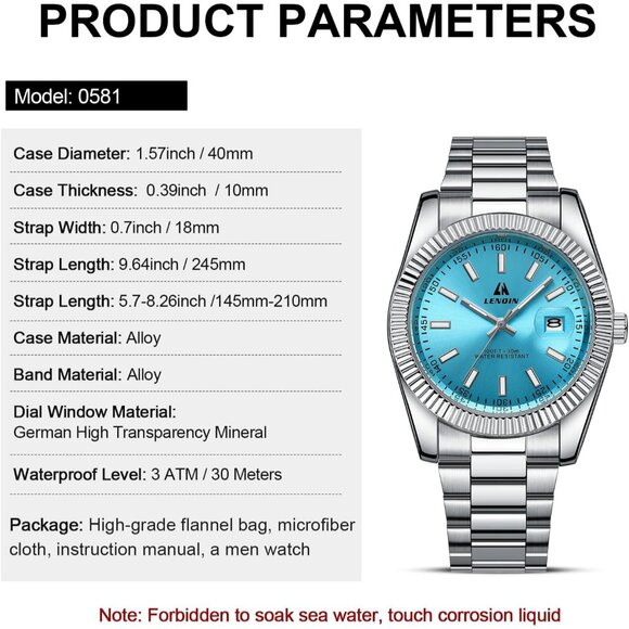 ⚡silver Light Blue Waterproof Analog Quartz Watch Men's Wrist Fashion Casual - Picture 8 of 14